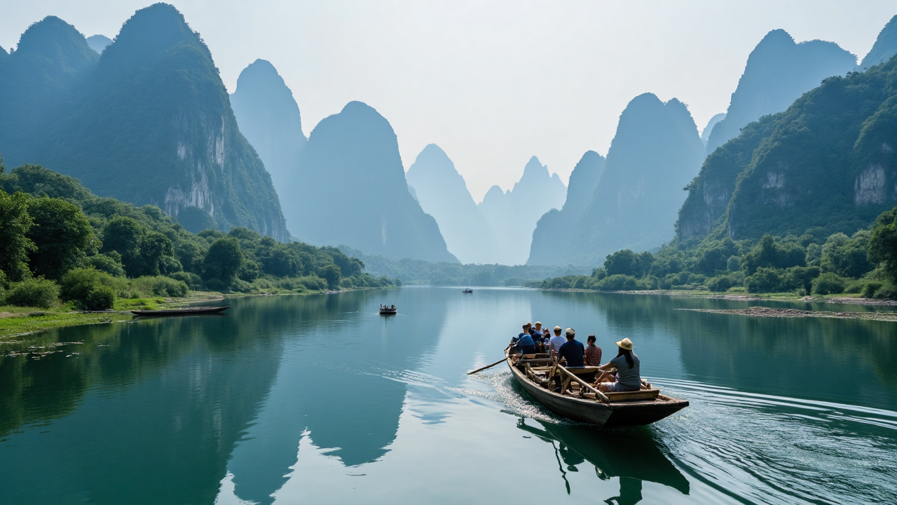 A hand-steered bamboo raft floats calmly past dramatic limestone cliffs along the Li River, reflecting perfectly in the still water Traditional bamboo raft gliding past karst mountains along the Li River near Yangshuo