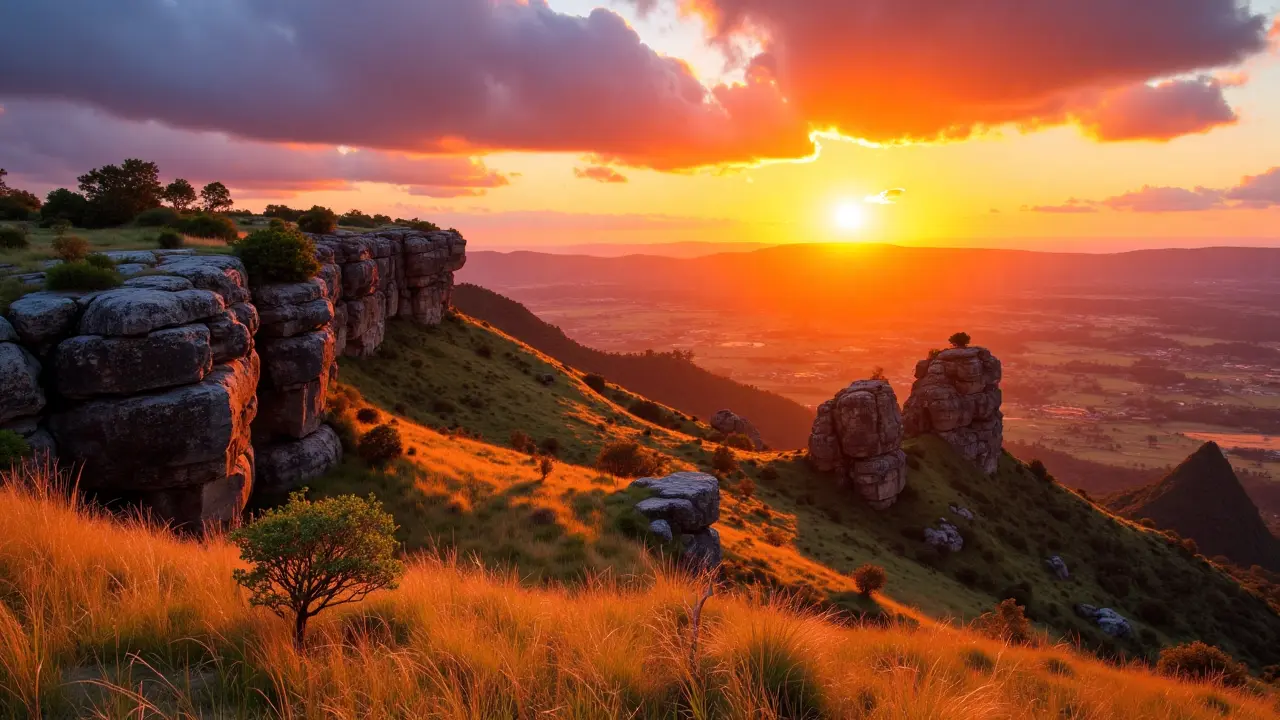 Dramatic sunset illuminating wind-sculpted quartz cliffs and golden cerrado grasslands in Chapada dos Veadeiros National Park — Brazil’s ancient inland wilderness Sunset over quartz-stone cliffs and savanna grassland in Chapada dos Veadeiros