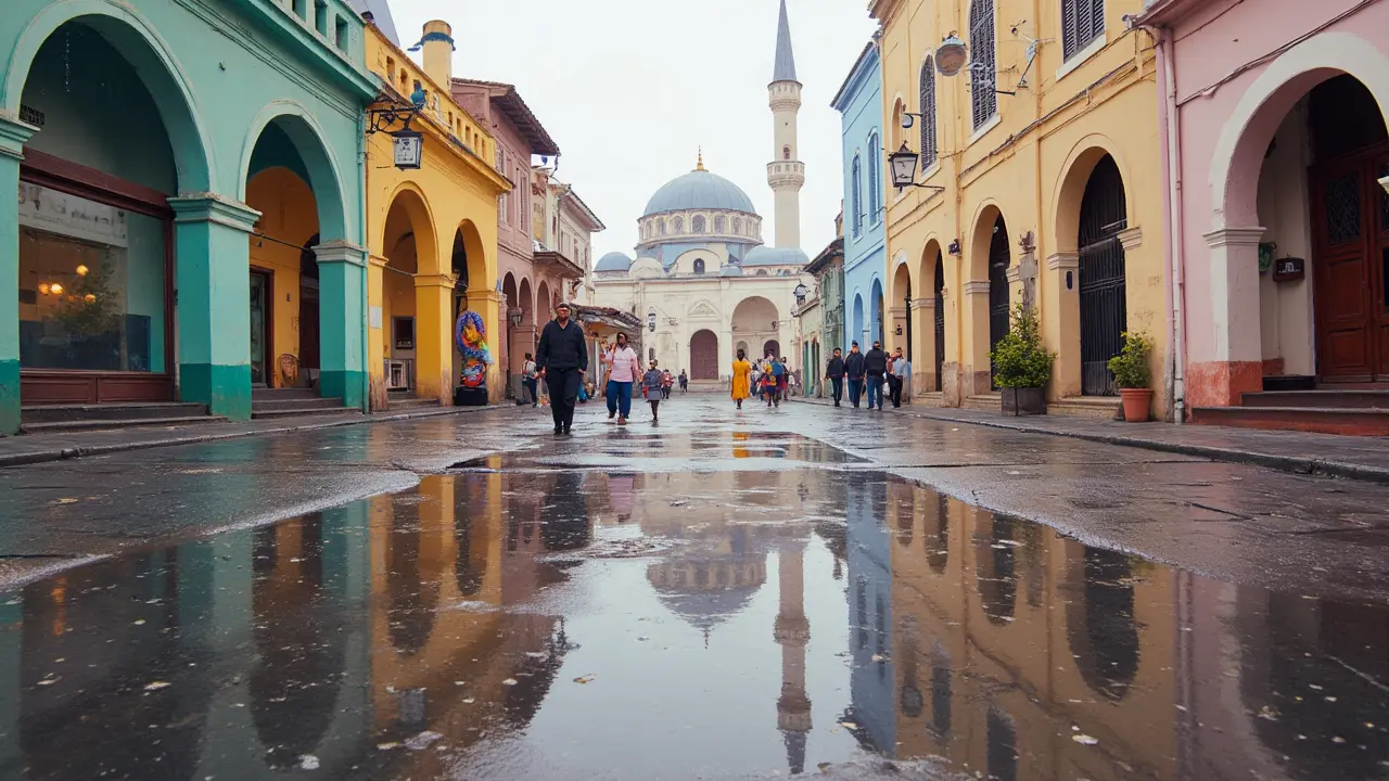Sultan Mosque’s golden dome mirrored in a glistening puddle on Arab Street—symbolizing the elegance and spiritual resonance that define this in Singapore must-visit cultural quarter. Sultan Mosque dome and minarets reflected in a rain puddle on Arab Street, with pastel-colored shophouses