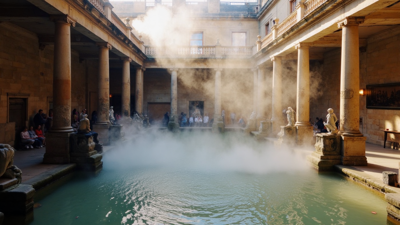 Steam rises from the sacred waters of the Roman Baths — a timeless highlight among must-visit places in the UK Sunlit interior of Roman Baths with steaming thermal pool and classical columns