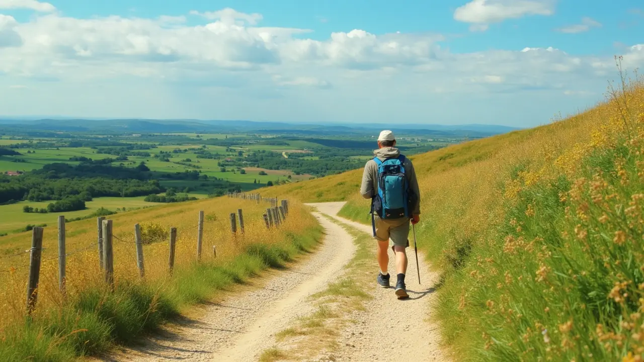 A solitary pilgrim on the Camino de Santiago — following ancient waymarkers across Galicia’s lush landscapes, embodying the enduring spirit of must-visit places in Spain. Pilgrim walking Camino de Santiago trail through green countryside with yellow arrows and scallop shells