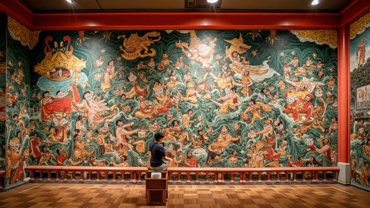 A striking mural from Haw Par Villa’s 'Ten Courts of Hell' exhibit—visually arresting and morally instructive—underscoring why this offbeat gem is a memorable in Singapore must-visit cultural landmark. Haw Par Villa 'Ten Courts of Hell' mural depicting vivid mythological punishments