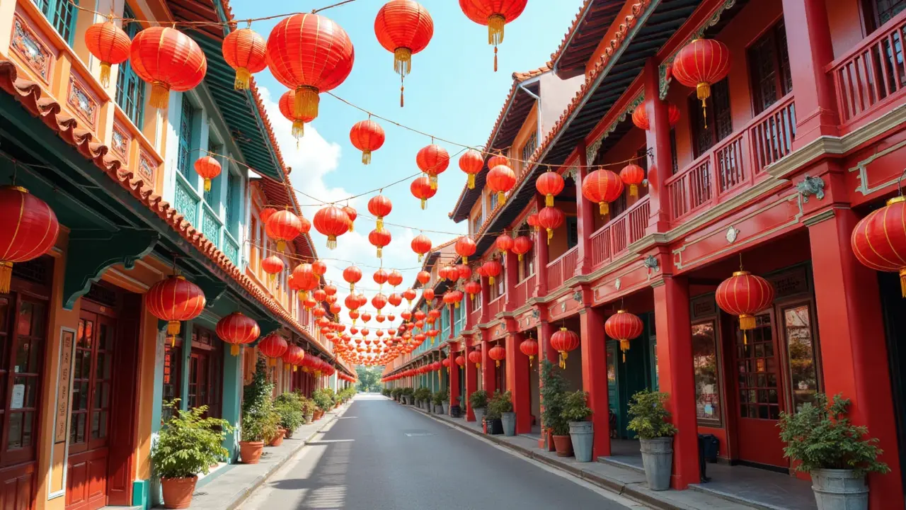 Vibrant Chinatown shophouses draped in festive red lanterns—capturing the charm and cultural richness that make this a timeless in Singapore must-visit neighborhood. Colorful Chinatown shophouses with red lanterns and traditional signage on a sunny afternoon