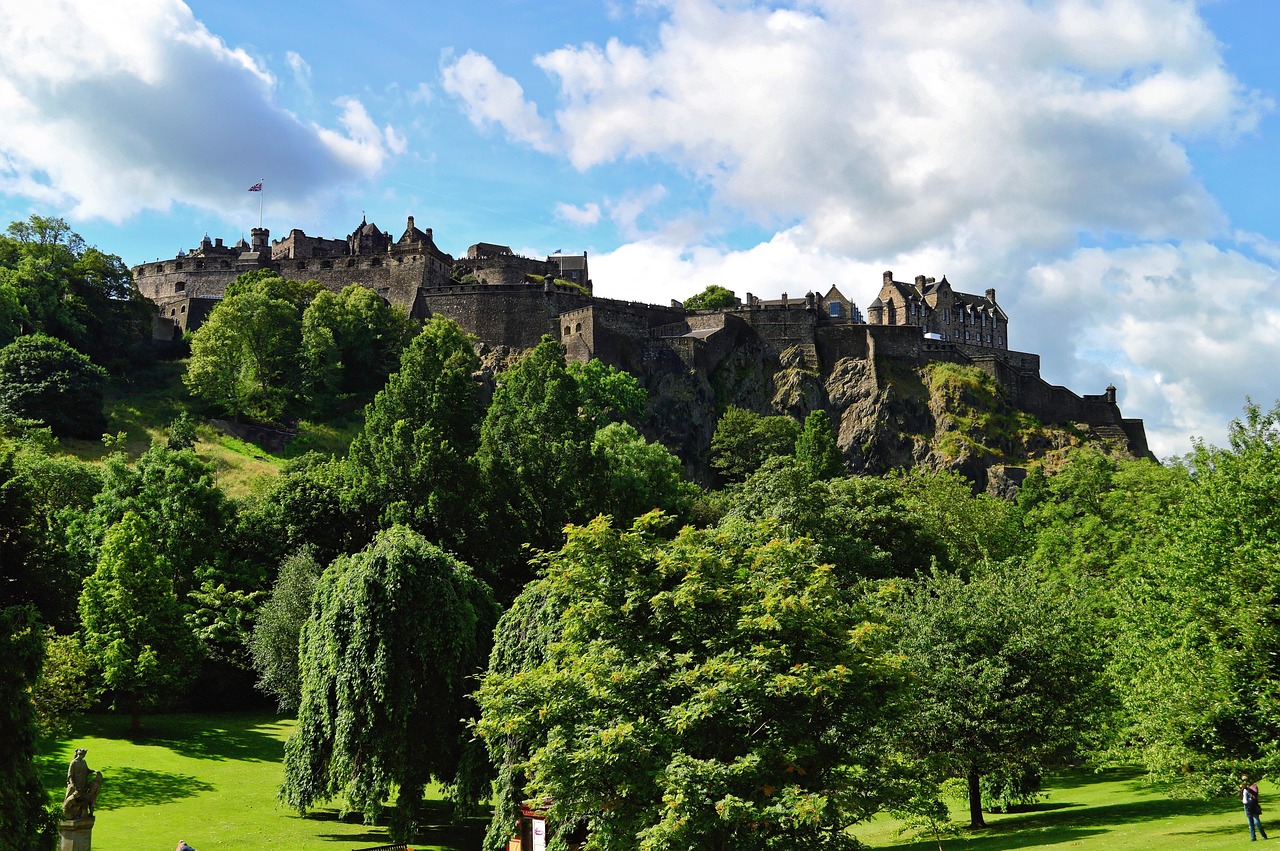 Iconic silhouette of Edinburgh Castle glowing at twilight — a defining landmark among must-visit places in the UK Edinburgh Castle at dusk with dramatic clouds and city lights below