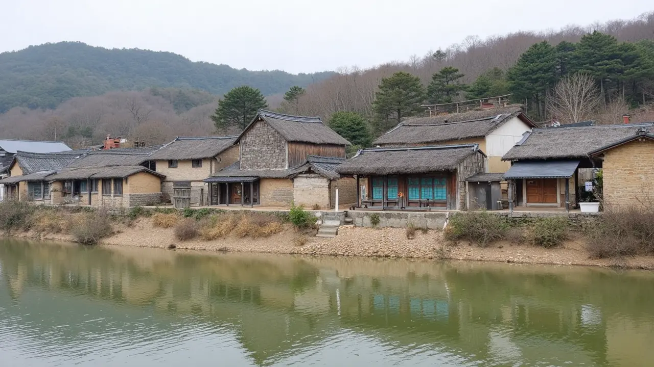 Tranquil riverside scene in Andong’s Hahoe Folk Village — a serene, historically intact gem among Korea’s essential places in Korea Traditional thatched-roof houses along riverbank in Hahoe Folk Village, Andong