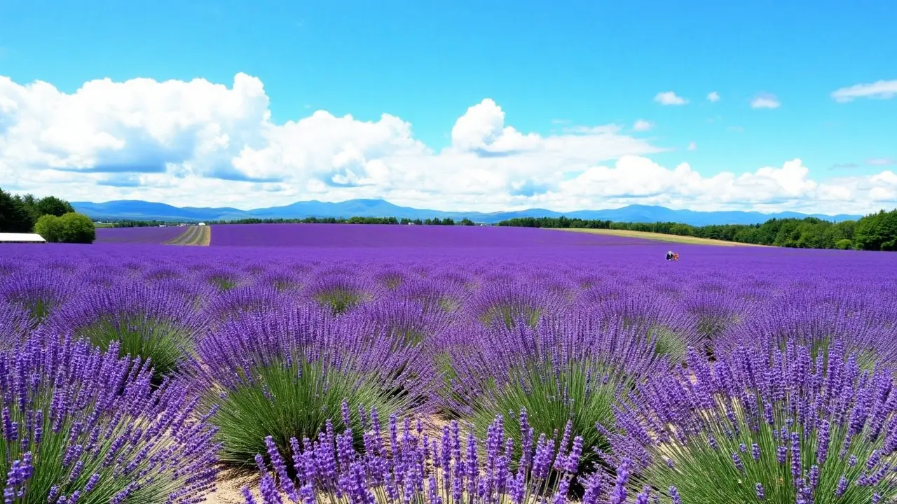 Vibrant lavender fields stretching across Furano, Hokkaido — a fragrant, colorful highlight among the most Instagram-worthy places to visit in Japan Lavender fields blooming in Furano, Hokkaido, with distant mountains and blue sky