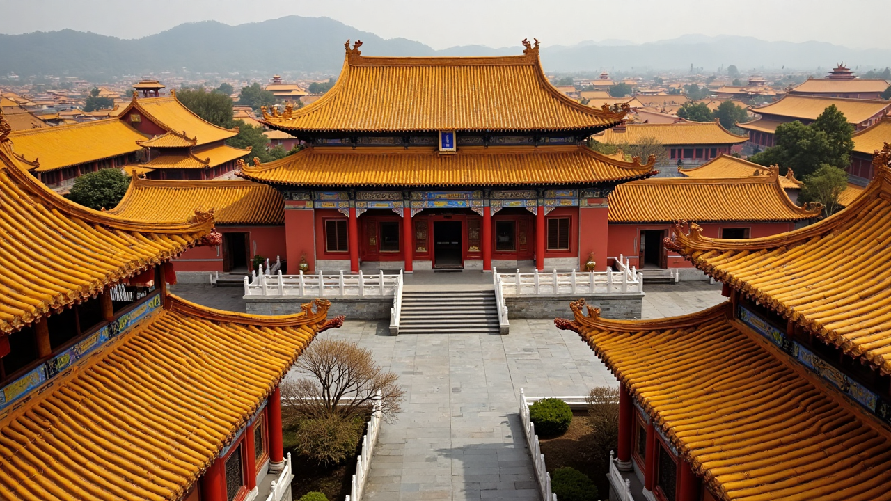 Bird's-eye perspective of the Forbidden City’s intricate layout, showcasing traditional dougong brackets and vibrant yellow-glazed roof tiles Aerial view of the Forbidden City's symmetrical rooftops and golden tiles under clear blue sky