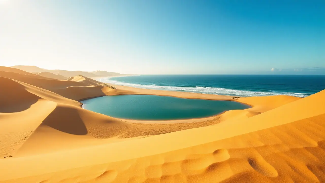 Sunlit golden sand dunes curving into a serene turquoise lagoon at Genipabu Beach near Natal — a surreal desert-meets-ocean landscape unique to Brazil’s northeast coast Golden sand dunes meeting blue lagoon at Genipabu, Natal