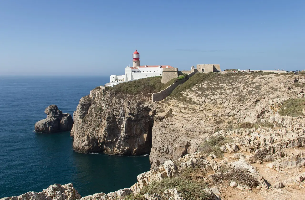 Historic 15th-century Sagres Fortress standing boldly on rocky cliffs above crashing Atlantic waves and endless ocean horizon Sagres Fortress perched on windswept cliffs overlooking the Atlantic Ocean and dramatic coastline