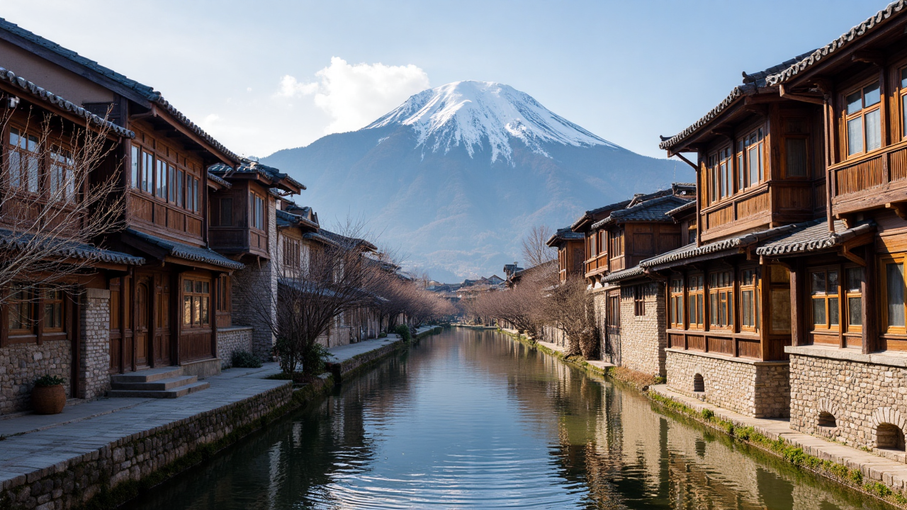 Traditional Naxi-style wooden homes flank narrow canals in Lijiang Ancient Town, with the majestic Jade Dragon Snow Mountain rising in the background Canal-lined streets and wooden houses in Lijiang Ancient Town with snow-capped Jade Dragon Snow Mountain in distance