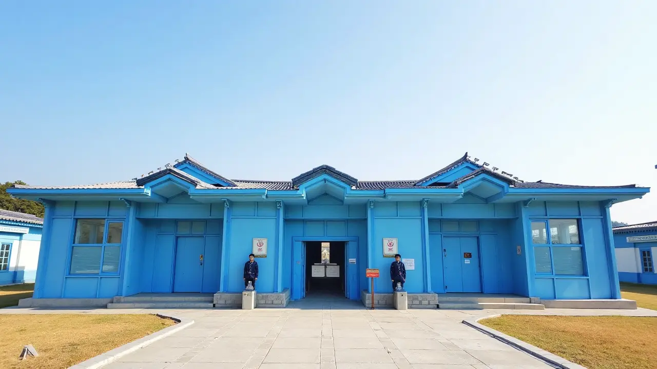 Historic Panmunjom border area in the DMZ — a solemn yet essential destination among the most meaningful places in Korea Blue UN buildings at Panmunjom Joint Security Area with soldiers standing guard