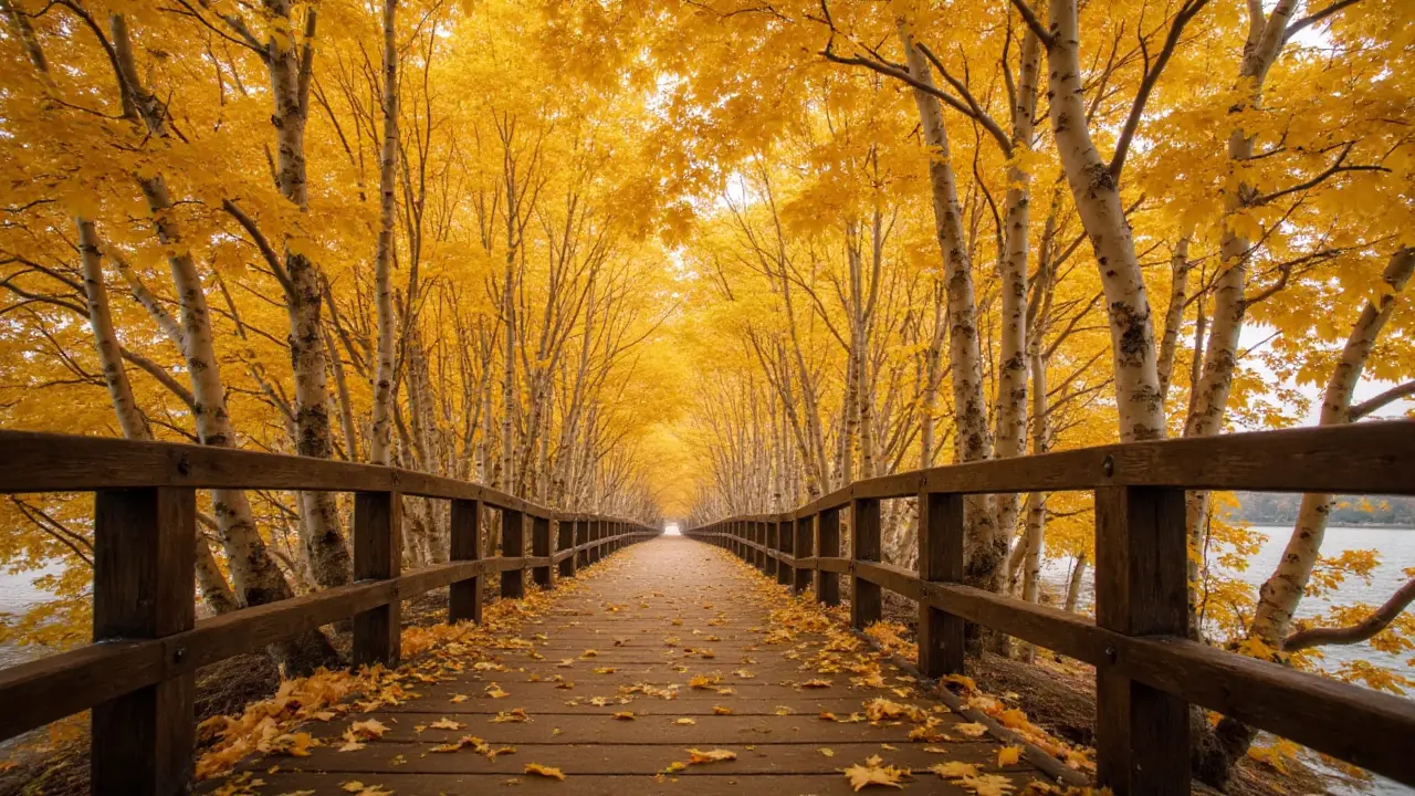 Golden ginkgo-lined path on Nami Island — a fairytale-like setting and beloved among must-visit places in Korea for nature and photography Nami Island in autumn with golden ginkgo tree path and wooden bridge over water