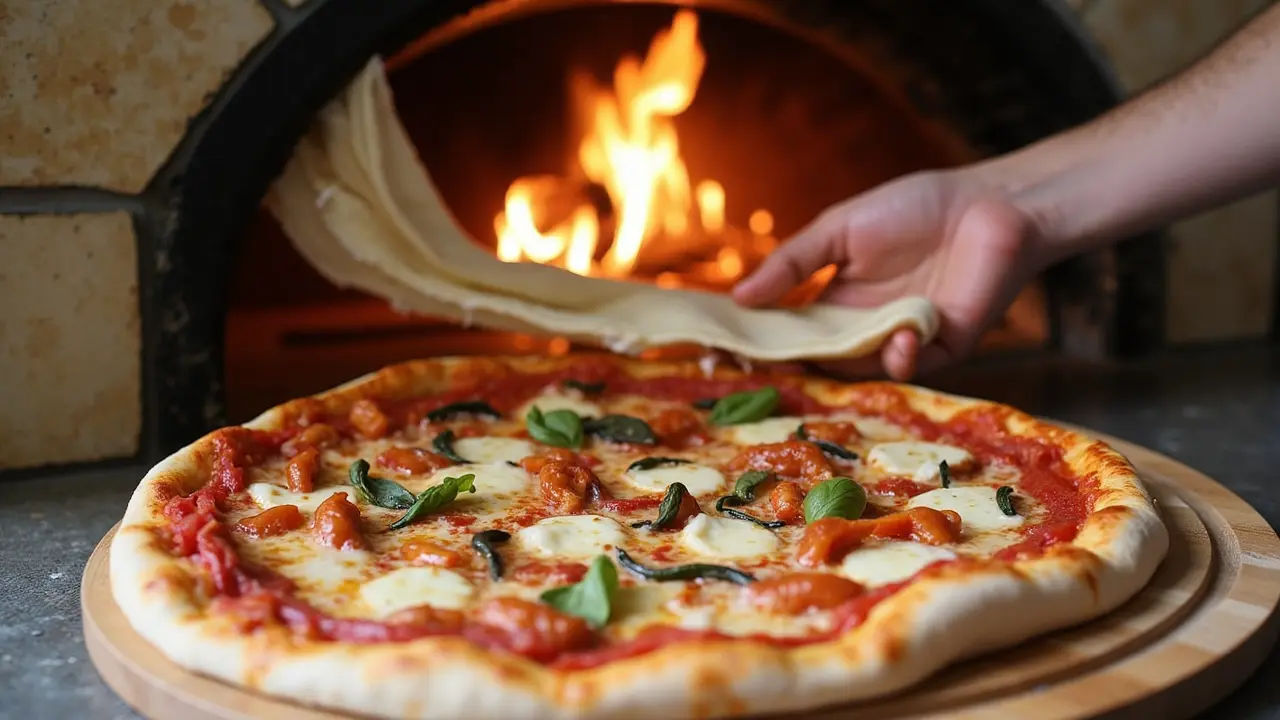 A skilled pizzaiolo crafting authentic Neapolitan pizza in Naples — a delicious, essential experience among must-visit places in Italy Traditional Neapolitan pizzaiolo stretching dough in a wood-fired oven in Naples