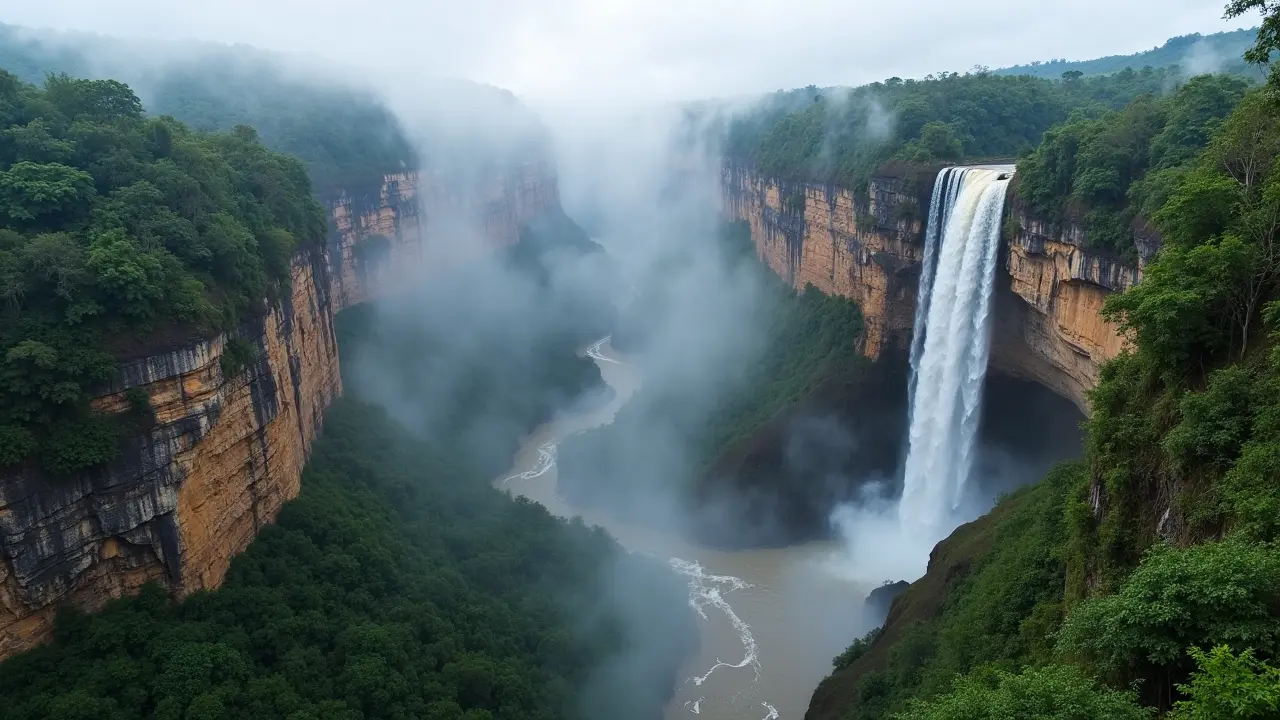 Mist-shrouded Cachoeira da Fumaça — Brazil’s tallest waterfall at 340 meters — plunging from sandstone cliffs in Chapada Diamantina National Park, Bahia Cachoeira da Fumaça waterfall cascading from cliff edge into misty canyon