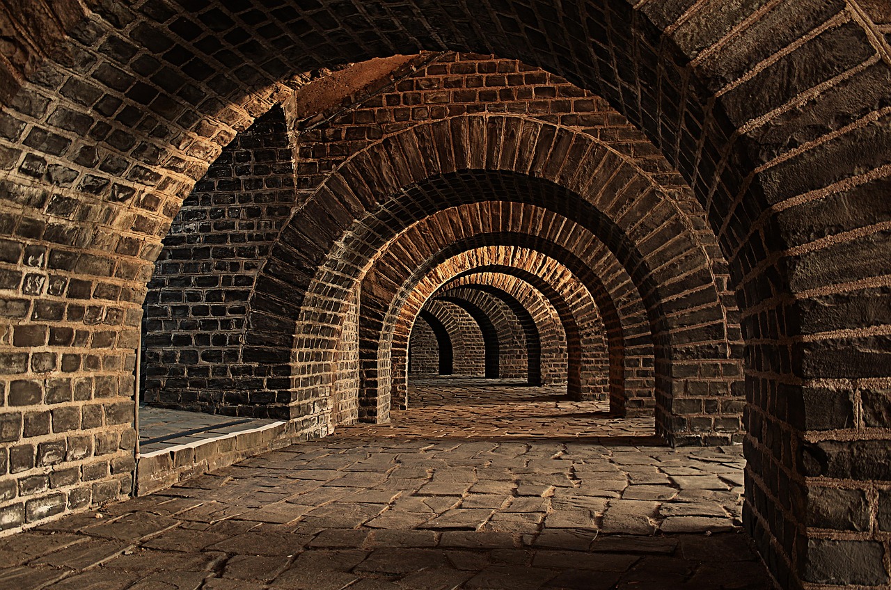 Dimly lit historic champagne cellar in Reims, with dusty vintage bottles resting in hand-carved chalk tunnels dating to the 4th century Underground champagne cellar with aged bottles and chalk walls in Reims