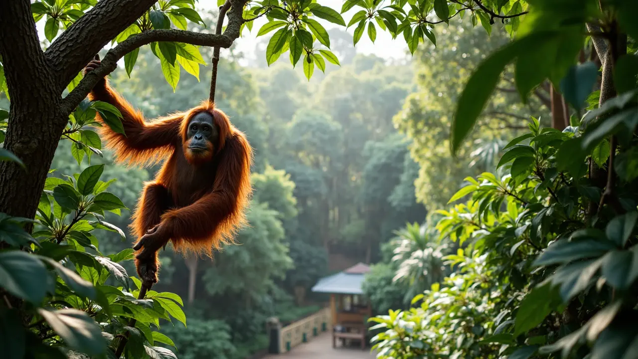 An agile orangutan navigating lush, open-air vines at Singapore Zoo—illustrating the naturalistic, humane design that makes this a globally acclaimed in Singapore must-visit wildlife destination. Singapore Zoo open enclosure with orangutan climbing vines under lush canopy