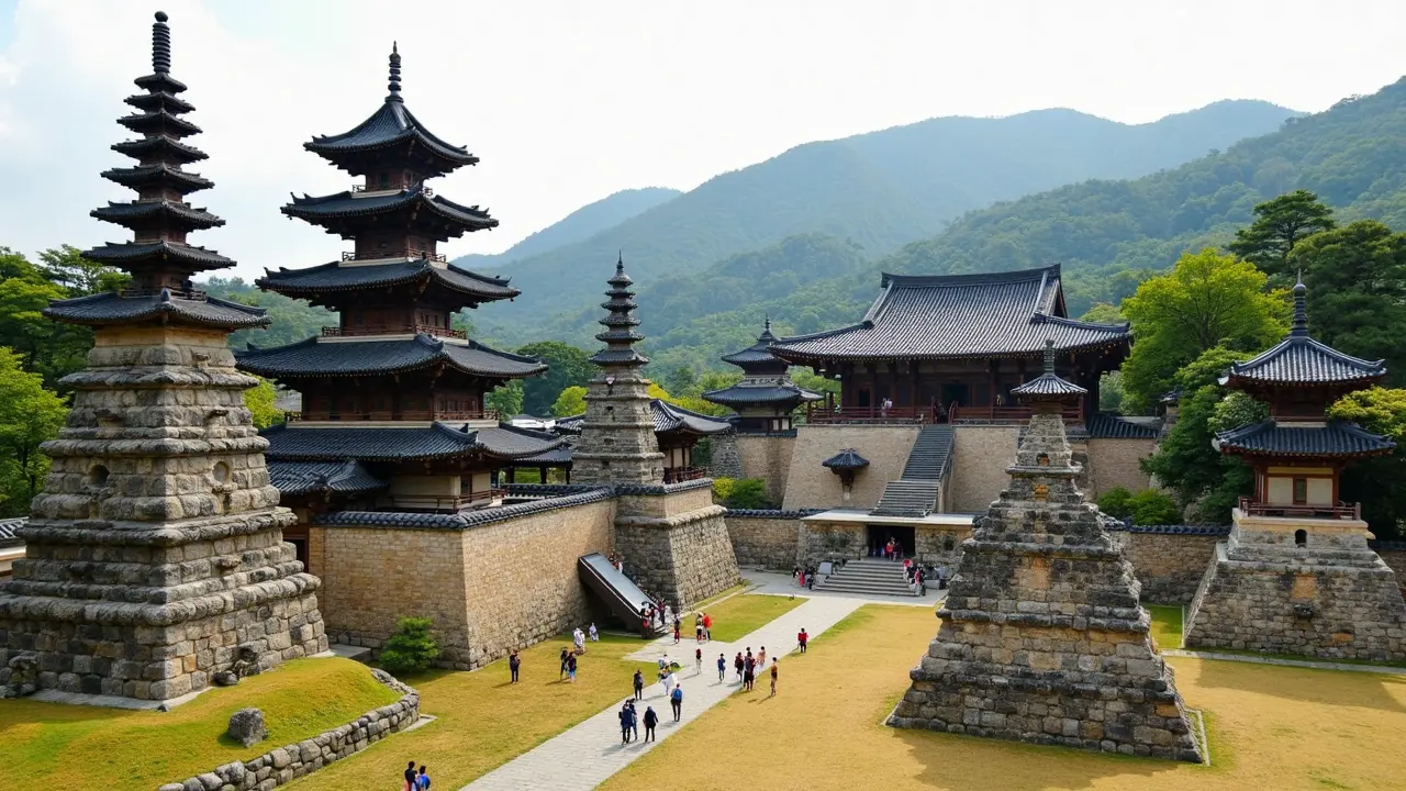 Timeless Bulguksa Temple in Gyeongju — a spiritual and architectural marvel among Korea’s most revered places in Korea Bulguksa Temple complex with multi-tiered stone pagodas and wooden halls surrounded by pine trees