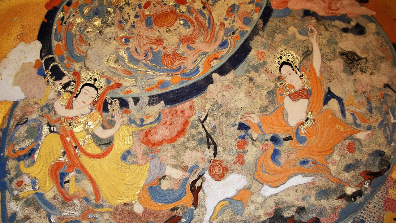 Exquisitely preserved Tang Dynasty mural in Cave 220 depicting apsaras (celestial dancers) and intricate lotus patterns in mineral-pigment colors Vibrant Buddhist mural inside Cave 220 of the Mogao Caves, showing celestial dancers and floral motifs