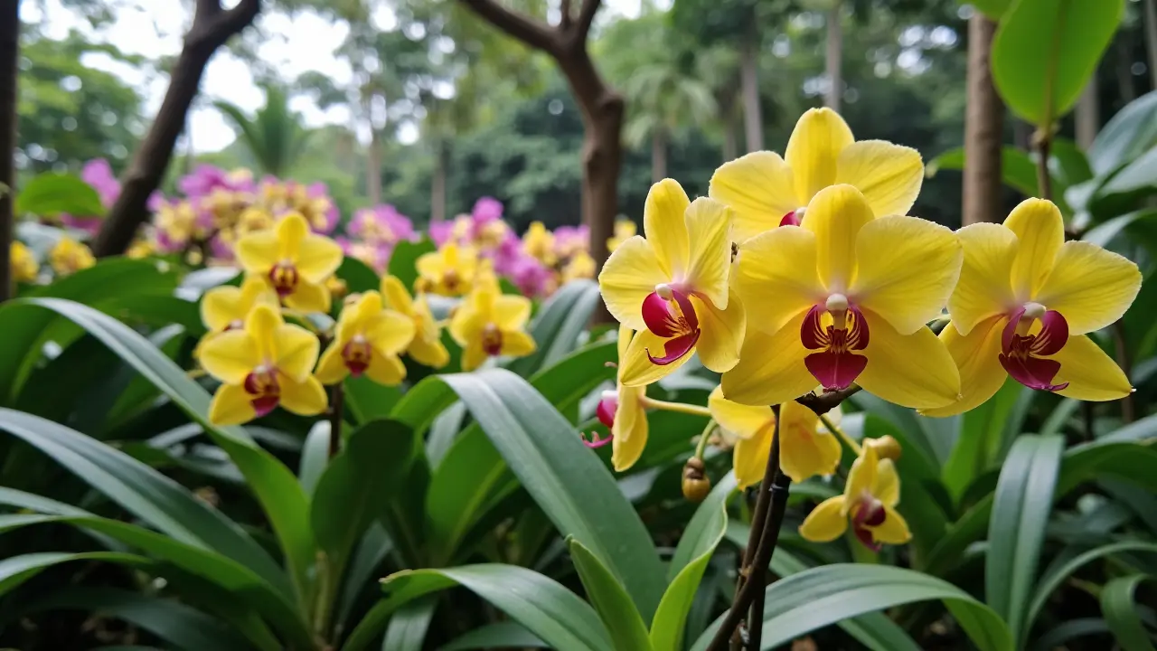 Lush dendrobium orchids in full bloom inside the National Orchid Garden—a UNESCO jewel and serene in Singapore must-visit sanctuary celebrating biodiversity and beauty. National Orchid Garden greenhouse with vibrant blooming dendrobiums and misty pathways