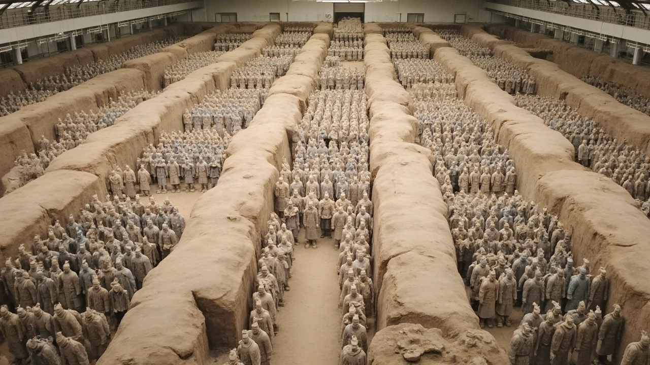 Thousands of individually sculpted terracotta warriors arranged in battle formation inside Pit 1, part of the UNESCO-listed Mausoleum of the First Qin Emperor Rows of terracotta soldiers standing in Pit 1 of the Mausoleum of the First Qin Emperor in Xi'an