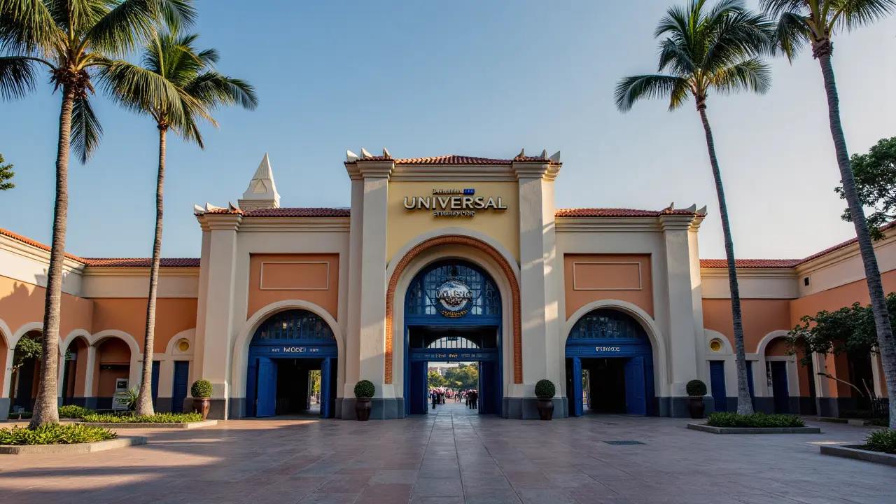 The cinematic entrance to Universal Studios Singapore—blending global blockbuster appeal with local flavor—solidifying its status as a top in Singapore must-visit entertainment destination. Universal Studios Singapore entrance with Hollywood-style marquee and themed architecture
