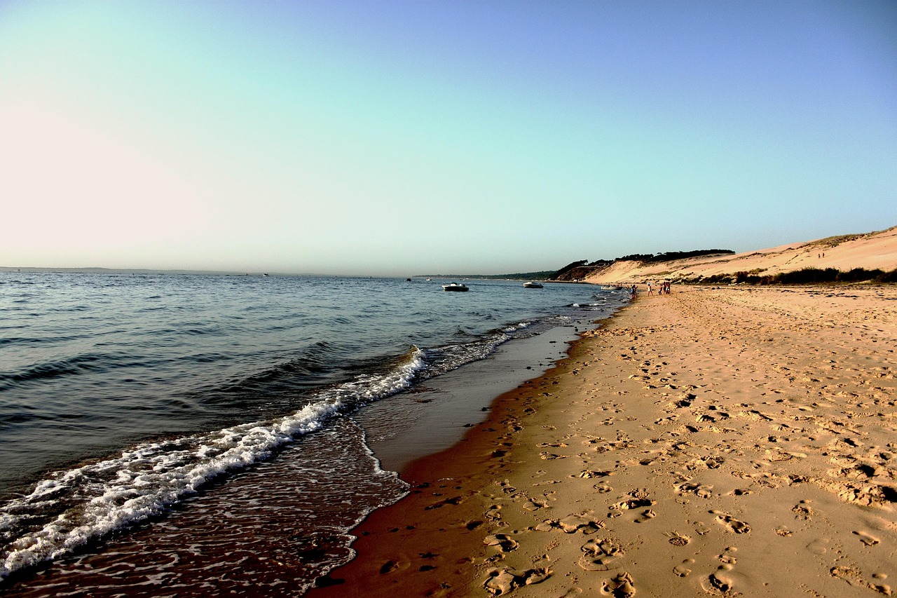 Expansive aerial shot of the towering Dune of Pilat overlooking pine forest and the blue waters of the Atlantic Ocean near Arcachon Panoramic view of Dune of Pilat with forest and ocean in background