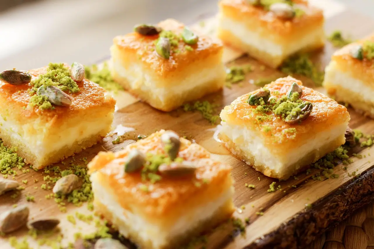 Artisanal baklava preparation in Istanbul’s historic Balat district, using Antep pistachios and slow-reduced flower honey Golden baklava layered with crushed pistachios and honey syrup on marble counter