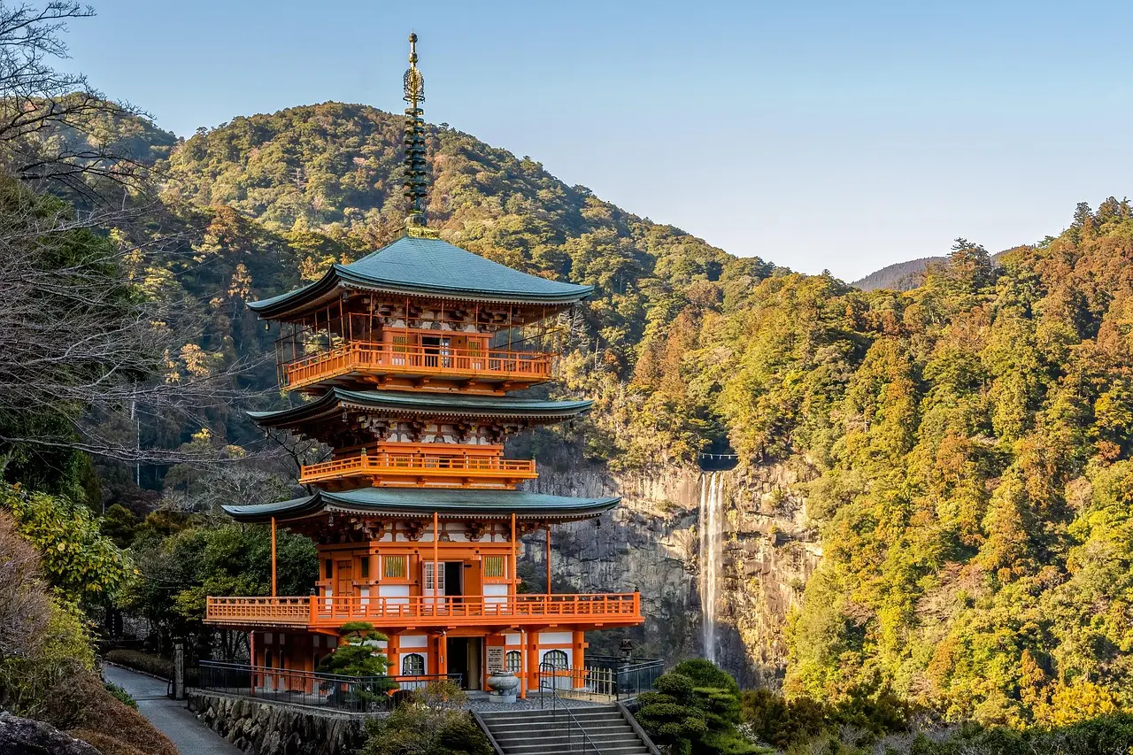 Traditional pilgrim path through towering Japanese cedar forest with mossy stones and sacred torii gate Pilgrim walking stone path through ancient cedar forest with torii gate and moss-covered stones