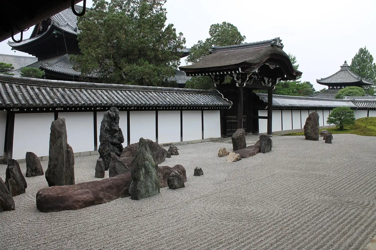 The iconic dry landscape garden at Ryoan-ji Temple in Kyoto—a UNESCO site designed for focused attention and mental decluttering during relaxation travel. Traditional Japanese Zen rock garden with raked gravel and moss islands, viewed from a wooden veranda