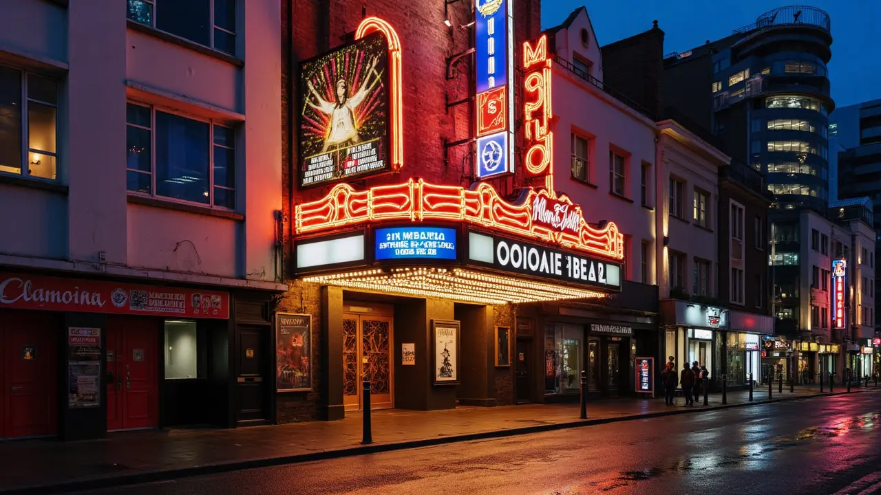 Cartel luminoso de un musical en el distrito teatral del West End de Londres