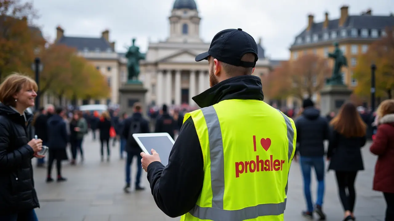 Persona con chaleco de caridad acercándose a turistas en una plaza de Londres