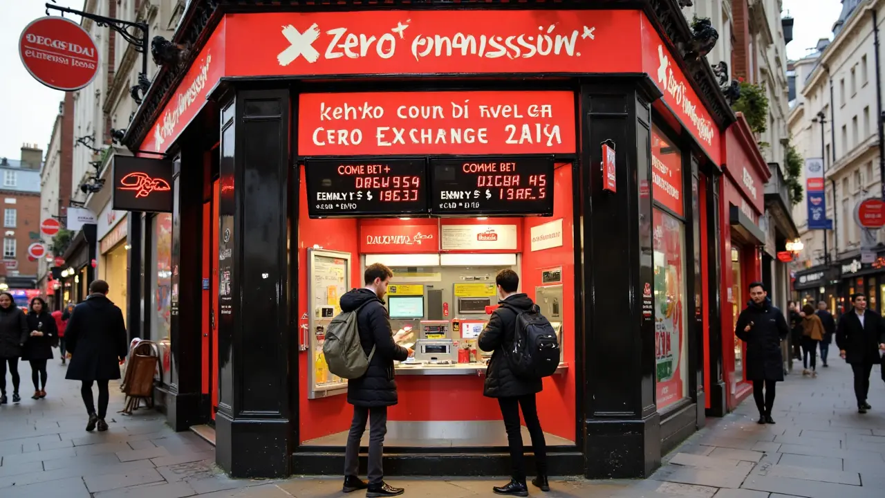 Cartel de casa de cambio en una calle turística de Londres con tasas poco favorables